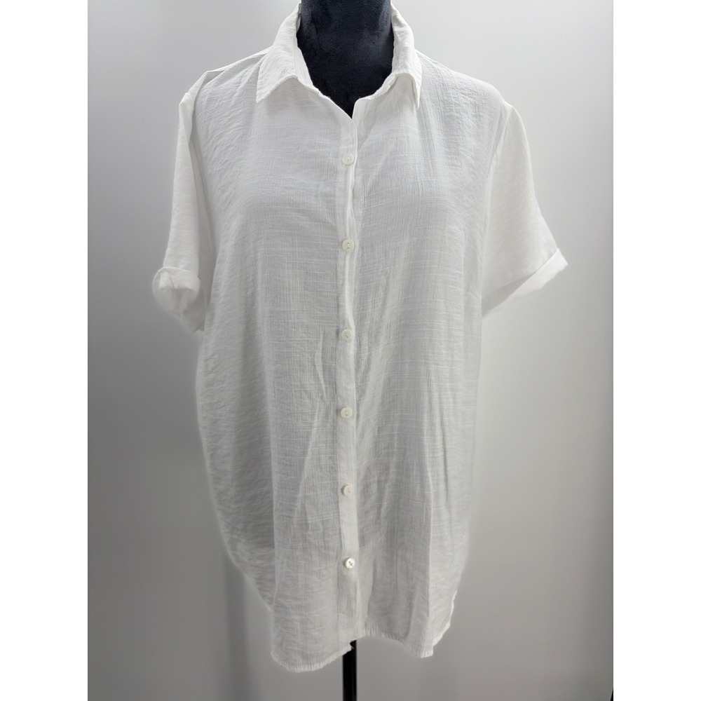 White Stag Women XL Arctic White Short Sleeve Textured Button Up Shirt Blouse